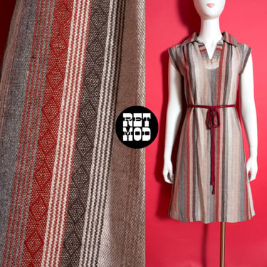 Lovely Vintage 70s Brown Rust Gray Colored Boho Stripe Hippie Dress 