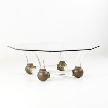 Mid Century Lucite and Brass Tusk Coffee Table - mcm 