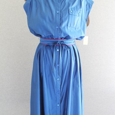 1970s - Blue - Polished Cotton - Shirtwaist Dress - Pockets - Marked size 14 - Color Blocked 