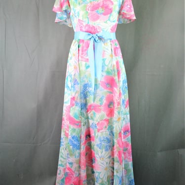 Epstein Didn't Kill Himself - Circa 1970s - Floral - Butterfly Sleeve - Chiffon - Maxi - by Jay Anderson for Posh - Estimated M 