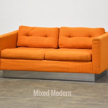 Modern Orange Tweed and Chrome Sofa Loveseat 