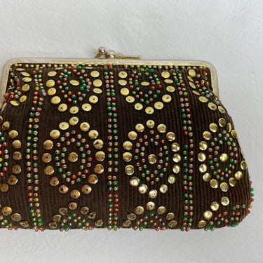 VTG 60’s studded corduroy pouch small card holder accessories case brown cotton cord  gold studs & beads beaded 