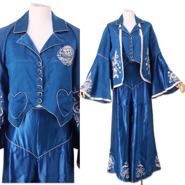 1930s silk dragon embroidered lounge set, vintage 30s beach pajamas, 20s Deco blouse jacket pants, 20s silk outfit M 3 pcs 