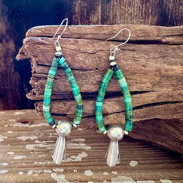 CORRAINE SMITH NAVAJO Turquoise Sterling Silver Bell Earrings | Beaded Jewelry | Dangle Drop Earrings | Silver and Turquoise Beads 