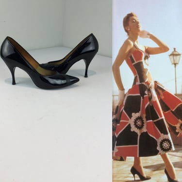Dancing On Seville Rooftops - Vintage 1950s 1960s Black Patent Leather Stilettos Heels Shoes - 8 