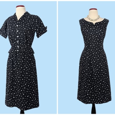 Vintage 1950s Black Polka Dot Day Dress Set, Vintage 50s Wiggle Dress with Cropped Jacket 