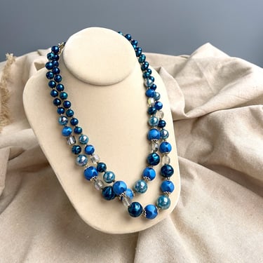 Peacock blue and sapphire 2 strand necklace - 1960s vintage 