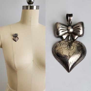 Vintage Sterling Silver Brooch Pendant Combo - Puffed Heart and Bow Pendant - Vintage Fashion - 80s Jewelry 