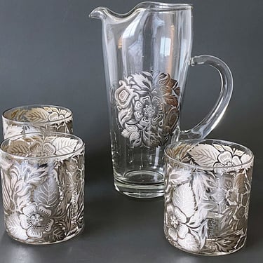 MCM Briard Glassware. Silver damask cocktail pitcher set w/ 3 cocktail glasses for old fashioneds & whiskey on the rocks Mid Century barware 