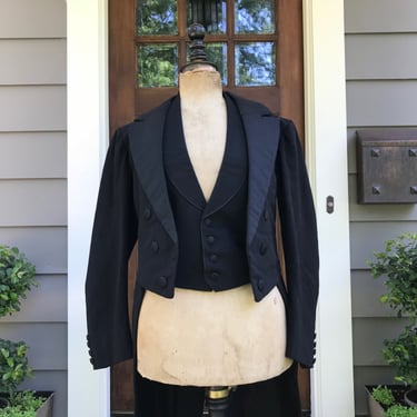 French Gents Tailcoat Suit Ensemble, Black Wool Jacket with Tails, Waistcoat, Trousers, Original Tailors Label 