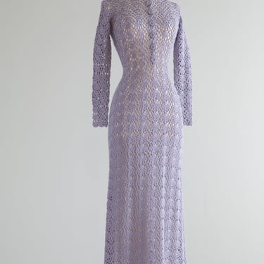 1970's Mystical Periwinkle Crochet Maxi Dress With Scalloped Edges and Buttons / OS