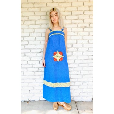 Denim Applique Dress // vintage 70s 1970s boho maxi country hippie blue prairie hippy sun 70's 1970's // S/M 