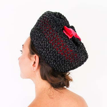 1960s Black Raffia Bubble Hat | 60s Black Woven Raffia Mod Hat | Jackie O | Cathay of California 