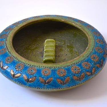 Vintage Rimini Blue and Olive Green Italian Pottery Ashtray or Catchall by Bitossi for Rosenthal Netter 