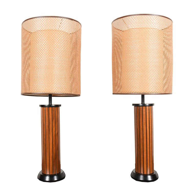 Pair of MCM Cylindrical Walnut Table Lamps w. original Shades