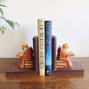 Vintage Reading Monk Wooden Bookends 