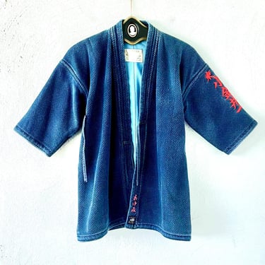 Vintage Japanese Indigo Dyed Cotton Sashiko Cotton Boro Kendo Aizome Kimono Work Jacket Robe Noragi Haori 