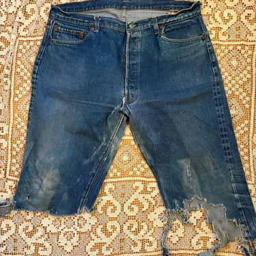 Vintage 80s Levi’s Selvedge Redlines Distressed Cut Offs Shorts Jorts Denim 36 Waist by TimeBa