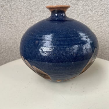 Vtg Studio Art Pottery Weed Pot Vase Blue brown Glazes 7” X 7” 