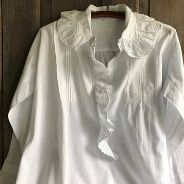 French Ruffled Nightgown, Chemise, Nightdress, 1800s, Ruffle Lace Collar, White Cotton, Monogram, French Farmhouse 