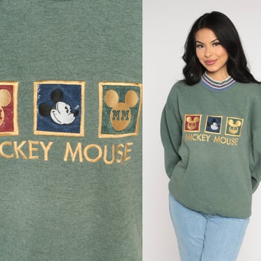 Mickey Mouse Sweatshirt 90s Disney Sweater Embroidered Ringer Crewneck Disneyland Green Kawaii Cartoon Shirt Vintage 1990s Genus Large L 