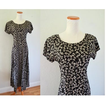 Vintage 90s Floral Midi Dress - Black & White Flower Print Short Sleeve Summer Sundress - All That Jazz - Size Medium 