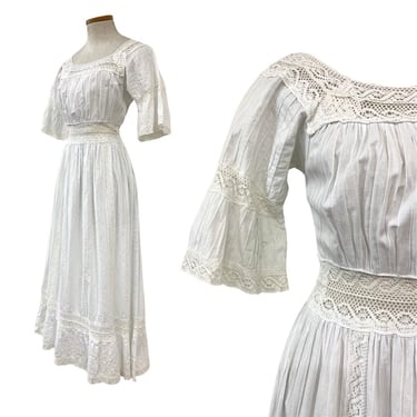 Vtg Vintage 60s 1960s White Bridal Bride Mexican Pintuck Wedding Dress Maxi 