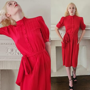 80s Red Silk Dress Short Sl  Pleated Front Lord & Taylor S 