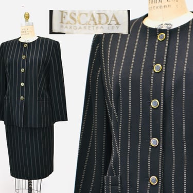 Vintage Escada Suit Pinstripe Wool Escada Suit Jacket Skirt Blazer Large Black white Striped Skirt Suit Black Stripe Jacket Medium Large 