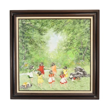 Phyllis Cubb 1970’s Impasto Oil Painting Young Girls Playing in Park Setting 