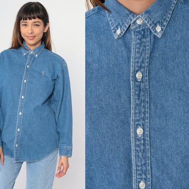 Polo Ralph Lauren Jean Shirt 90s Blue Denim Button Up Shirt Long Sleeve Collared Boyfriend Top RLP Button Down Vintage 1990s Medium Large 