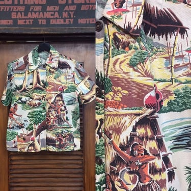 Vintage 1950’s Tropical Barkcloth Hawaiian Shirt, 50’s Style, Textured Fabric, Island Beach, Vintage Clothing 