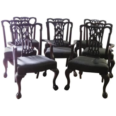 Robust Set 8 English Gothic Chippendale Solid Mahogany Dining Chairs C1890s 