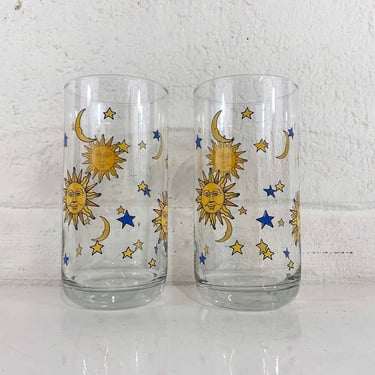Vintage Celestial Glasses Set of 2 Astrology Libbey Blue Yellow Gold Highball Glass 1980s 1990s Star Moon Sun 