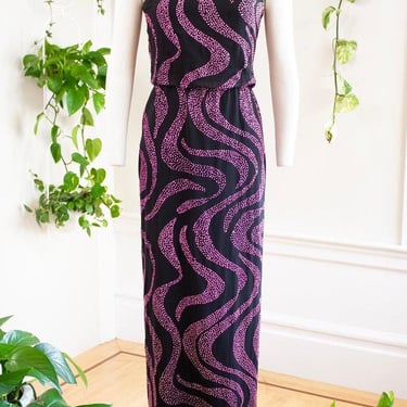 Vintage 1970s Party Dress | 70s Pink Glitter Swirls Black Rayon Sheath Wiggle Maxi Disco Prom Gown | small 