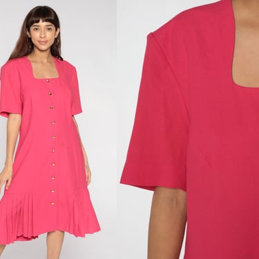 Bright Pink Dress Liz Claiborne Dress Drop Waist Button Up Dress 80s Midi Short Sleeve Dress 1980s Vintage Shift Pleated Extra Large xl 16 