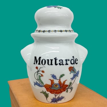 Vintage Pavot Mustarde Jar with Lid Retro 1950s French + White Porcelain + Flower Design + Kitchen Mustard Storage + Made in Paris, France 