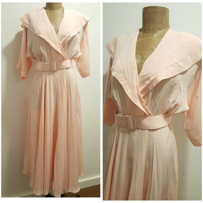 Vintage 80s Liz Claiborne Dress Size Medium Pink Batwing Sleeve Wide Collar Midi