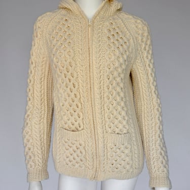 vintage Una O'Neill Ivory Hand Knit Hooded Cardigan Pockets XS-M 