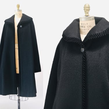 60s 70s Vintage Black Virgin Wool Coat Jacket with Velvet Trim Collar Size Medium large// Vintage Black Wool Swing Jacket Coat Medium large 