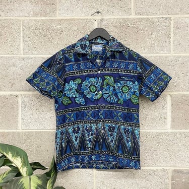 Vintage Hawaiian Shirt Retro 1960s Waltah Clarke's Hawaiian Shops + Barkcloth + Floral Batik + Blue and Green + Made in Honolulu + Unisex 
