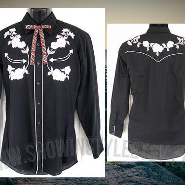 Vintage Western Men's Cowboy Shirt by Tem Tex, Black with Silver & White Embroidered Flowers, Tag Size 15.5-33, Medium (see meas. photo) 