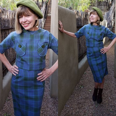1960s Blue Plaid Cotton Print Skirt Suit / 60s Cropped Half Sleeved Top Back Button Closure Pencil Skirt / S / Marie Phillips 
