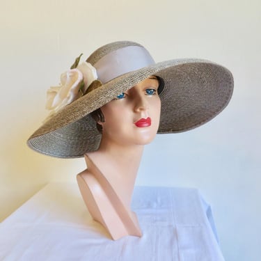 Italian Gray Straw Wide Brim Sun Hat Silk Rose Grosgrain Trim Garden Party Spring Summer Kentucky Derby Grevi Made in Italy Firenze M/L 
