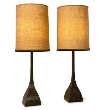 Pair of 1960s Cast Metal Lamps with Original Shades - *Please ask for a shipping quote before you buy. 