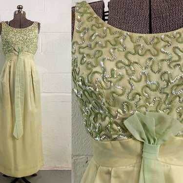 Vintage 60s Sage Green Formal Dress Prom Maxi Party Cocktail Mad Men Megan Draper Sleeveless Formal Hostess Gown Union Made 1960s XXS XS 