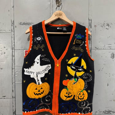 Vintage Halloween Inspired Knit Sweater Vest Picture Design Black Cat Ghosts and Bats 