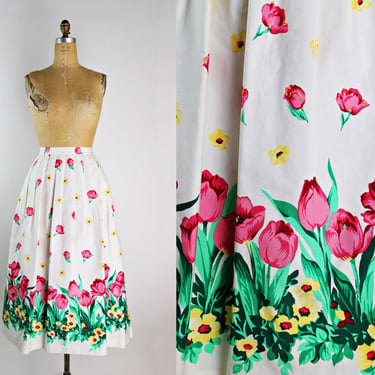 80s Cotton Tulips Skirt / 1980s Floral Skirt / Spring Tulips / Vintage Skirt / Size S/M 