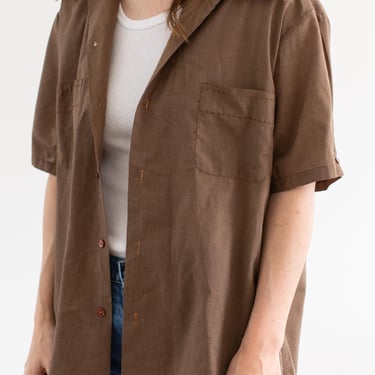 Vintage Brown Short Sleeve Shirt | 70s Unisex Embroidered Simple Cotton Work Blouse | L | 