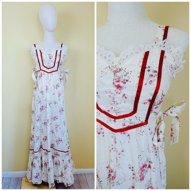 1980s Vintage Cotton Eyelet Meadow Floral Prairie Dress / 80s Ruffled Embroidered Maroon and Cream Romantic Maxi Gown / Size Small 